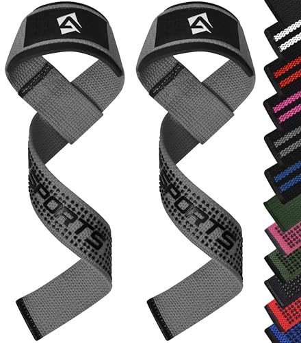 AQF Weight Lifting Straps, Padded Cotton Gym Wrist Straps for Deadlifts | 23" Extra-Long, Heavy-Duty Webbing, 5mm Neoprene Cushioning, Open-Loop Design, Sold as Pair, Ideal for Rows & Pull Workout - color: Grey Gel Grip