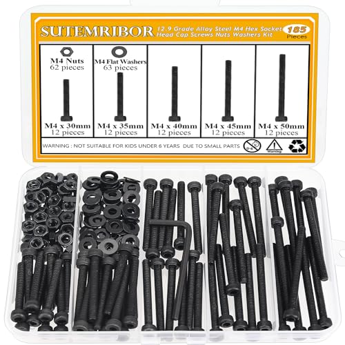 185 Pieces M4 x 30/35/40/45/50mm Hex Socket Head Cap Screws Nuts Washers Set Black, Sutemribor M4 Long Screws, M4 Black Screws Nuts Washers Assortment Kit, 12.9 Grade Alloy Steel, Fully Threaded - size: M4 x 30/35/40/45/50mm Kit, style: Socket Head