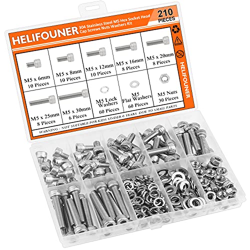 HELIFOUNER 210 Pieces M5 x 6mm /8mm /12mm /16mm /20mm /25mm /30mm, Hex Socket Head Cap Screws Bolts Washers Nuts Kit, 304 Stainless Steel (Hex Wrench is Not Included) - size: M5, style: Socket Head Screws