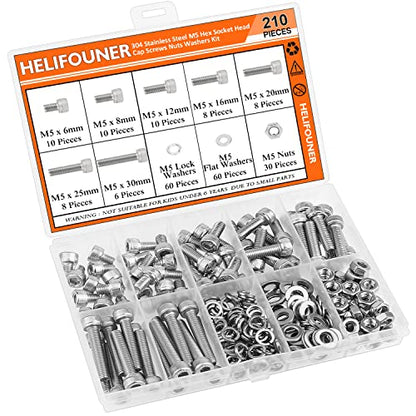 HELIFOUNER 210 Pieces M5 x 6mm /8mm /12mm /16mm /20mm /25mm /30mm, Hex Socket Head Cap Screws Bolts Washers Nuts Kit, 304 Stainless Steel (Hex Wrench is Not Included) - size: M5, style: Socket Head Screws