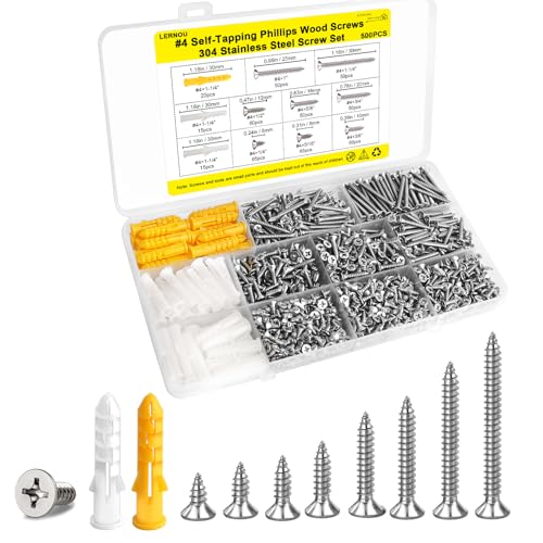 #4 Wood Screws Assortment Kit, Small Screws Set 500pcs, Short Cabinet Screw, Phillips Flat Head Self-Tapping Screw, Small Screw Fasteners, 304 Stainless Steel, Contains 50pcs M6 Screws Anchors - color: Sliver, size: #4-500pcs