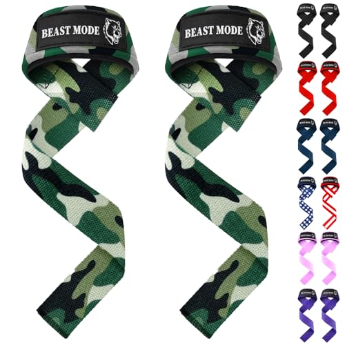 TECEUM Lifting Straps for Weightlifting Gym Strength Training - Wrist Straps with Neoprene Padded Cotton - Men & Women – Ideal for Powerlifting, Bodybuilding & Deadlifts - color: Camo, size: 18" - Beast Mode
