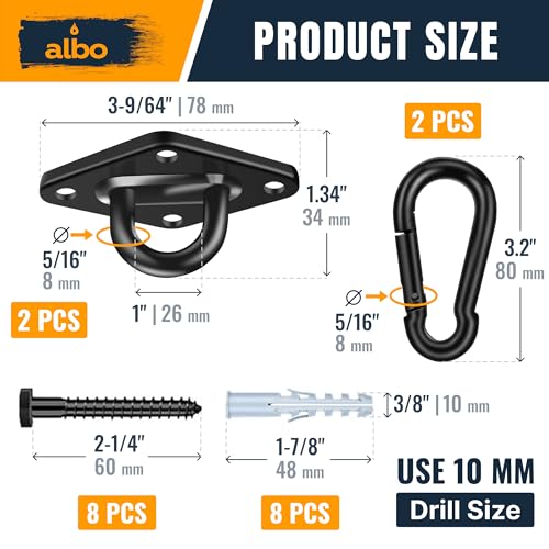 Albo Diamond Plate 2650lbs Swing Hangers 2 PCS - Heavy Duty Ceiling Mount Hooks with Snap Carabiners, 304 Stainless Steel for Wood & Concrete & Metal, Indoor Outdoor Anchor for Hammock, Yoga, TRX - size: Diamond 2pcs Black