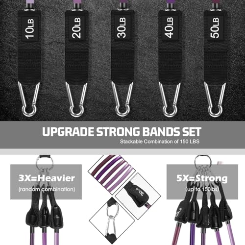 VEICK Resistance Bands with Handles, Ankle Straps, Door Anchor | Accredited Lab Certified, 100% Natural Latex, Cushioned Handles, Versatile for Yoga, Pilates, Strength, Home Gym - color: Purple 150LBS