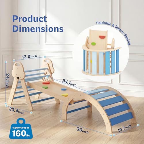 bbgroundgrm 8-in-1 Wooden Climbing Set for Toddlers with Cushion, Foldable Montessori Indoor Climber with Arch, Ramp and Triangle Ladder, Natural Wood Play Gym for Kids 1-3