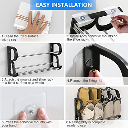 Hanging Shoe Rack 2 Pack, Wall Mount Shoe Rack with Sticky Hanging Mounts, Wall Shoes Holder Storage Organizer Shelf Shoe Holder for Wall Camper and RV Shoes Storage with Hooks No Drilling - style: 2 Pack