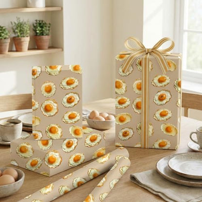 Liobelon Fried Egg Wrapping Paper Roll – 17" x 16.5 Ft Sunny Side Up Gift Wrap with Cute Egg Pattern, Breakfast Themed Wrapping Paper for Food Lover, Kitchen Gift, Brunch Birthday Party Supplies - color: Fried Egg