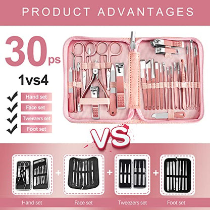 Manicure Set 30 in 1 Nail Clipper set, REDFLOW nail clippers, fingernail & toenail clippers, Manicure Tools, pedicure tools, Suitable for Travel Manicure Kit, Nail Set Kit With Everything Profe - color: Pink