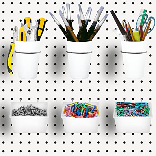 Kuhome 6 Sets Pegboard Bins Cups with Hooks Loops, Pegboard Hooks Assortment, Hooks for Pegboard Cup Holder for Tools Accessory Storage Organizer for Office Workshop Garage Workbench White - color: White