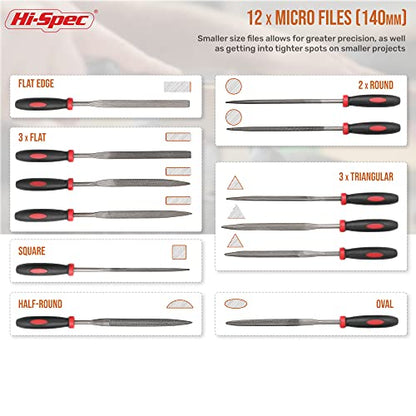 Hi-Spec Metal Hand and Small Mini Needle Steel File Set in a Carry Case | 16pc, varied profiles, shaping and deburring control, smooths edges, durable steel, zipper case, cleanup brush, quick setup - size: 16 pieces