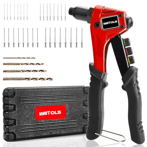 WETOLS Pop Rivet Gun Kit with 200 Blind Rivets, Upgraded Manual Single Hand Riveter with 4 Tool-Free Interchangeable Rivet Heads and 4 Drill Bits, Pop Rivet Tool Kit with Sturdy BMC Carrying Case - size: Regular Rivet Gun