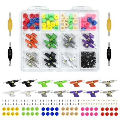 156PCS Fingerboard Repair Kit -Includes Case & Tools-Mini Finger Skateboard Parts Include 14 Multicolors Trucks & 48 Multicolour Bearingless Wheels & 60 Screws & 30 Nuts & 4 Screwdriver - color: Multicolour Trucks & Box #B