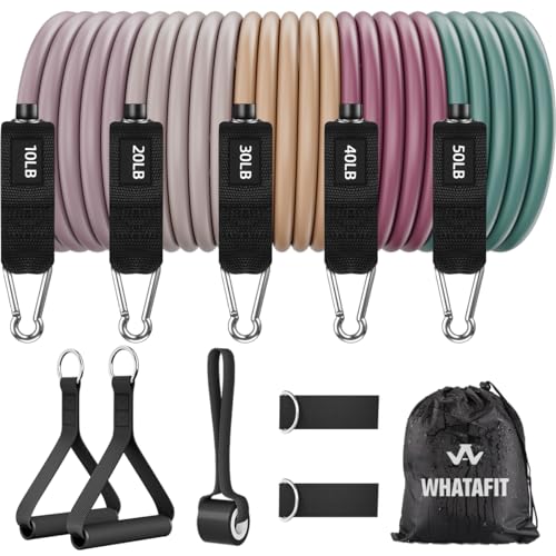 WHATAFIT Resistance Bands with Handles, 5-Level Exercise Bands for Workout | Natural latex,10-50 lbs, stackable to 150,Ankle Straps, Door Anchor,Guide. For Strength, Yoga,Home Gym,Travel & Workout. - color: Morandi-01
