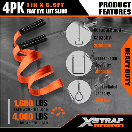 XSTRAP STANDARD 4PK 1"x6.5ft Lifting Sling Straps 2000 lb Vertical Capacity | 1600 lbs Choker / 4000 lbs Basket Capacity, 5:1 Safety Factor Polyester Web Slings for Rigging, Hoist, Tree Stump Removal - style: 4PK 1''x6.5ft