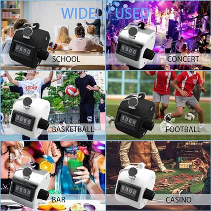 BGJRBY 3 Pack Hand Tally Clicker Counter 4 Digit Display Mechanical Palm with Metal Finger Ring for Coaching, Knitting, Lap, Fishing, Golf and Row Sport with 2-Nylon Lanyard (Black White Silver)