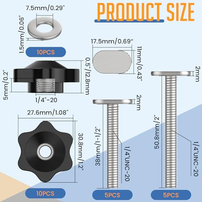 10 Sets 1/4-20 T Track Bolt Knob Kit, T-Track Accessory Includes 1-1/2" & 2" T-Slot Bolts with Washers and Star Knobs for Woodworking Jigs and Fixtures - size: 1/4-20 T Track Knob Kit