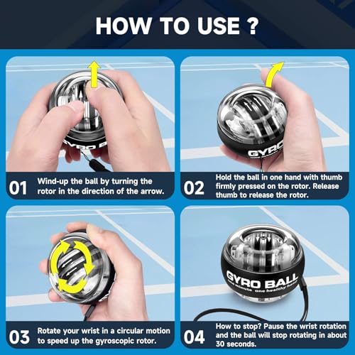 XMALL Torque Ball Hand Exerciser, Grip Strength Trainer, Forearm Strengthener, Wrist Power Gyro Ball, Hand Strengthening Devices, Wrist Strengthener, Finger Exerciser, Auto-Start - color: Blue (Colorful Light)
