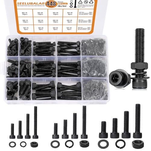 448 Pcs Black M5 M6 M8 Metric Screw Assortment, Black Bolts and Nuts Kit, 12.9 Grade Alloy Steel Metric Hex Socket Head Cap Screws Nuts Washers Kit - style: Hex Socket Head Cap - Kits