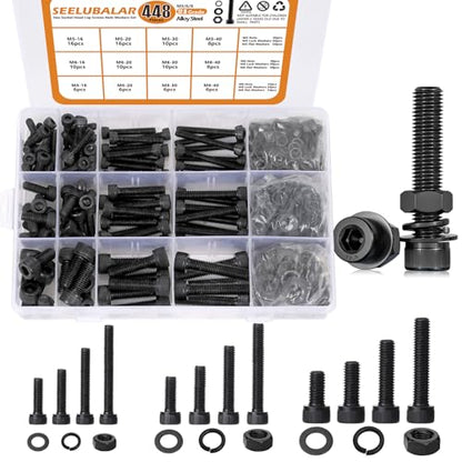 448 Pcs Black M5 M6 M8 Metric Screw Assortment, Black Bolts and Nuts Kit, 12.9 Grade Alloy Steel Metric Hex Socket Head Cap Screws Nuts Washers Kit - style: Hex Socket Head Cap - Kits