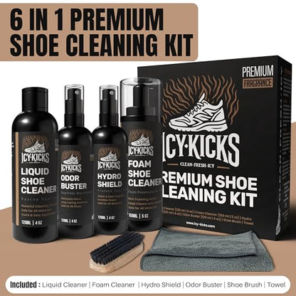 ICYKICKS Premium 6-in-1 Sneaker & Shoe Cleaning Kit – Foam Cleaner, Water-Repellent, Odor Eliminator, Brush & Microfiber Towel – Safe for Leather, Suede, Canvas – Deep Clean Sneakers Fast