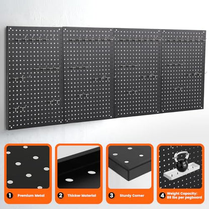 ENJOYWOOD Pegboard, 4 PCS 24"×16" Metal Peg Board Panels Black Modular Wall Organizer Kit with 40 Hooks, Dual-Size Hole Design for Home Tool Storage, Garage Organization, Kitchen, Office, Craft Room - size: 4 PCS