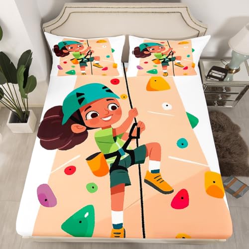 Erosebridal Cartoon Kid Climbing Queen Size Bedding Set for Boys Girls, Colorful Climbing Wall Printed Fitted Sheet for Kids, Rock Climber Bed Sheets, Bouldering Sports Theme Sheets - color: Beige White, size: Queen