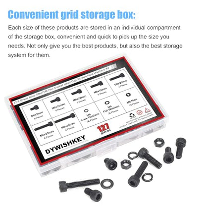 DYWISHKEY 127 Pieces M6 Black Screws, 12.9 Grade Alloy Steel M6x 8/10 /12/16 /20/25 /30mm Hex Socket Head Cap Screws Bolts Nuts Washers Assortment Kit - size: M6, style: Socket Head
