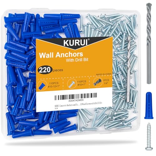 #10-12 Wall Anchors and Screws Kit, 220PCs Drywall Anchors for Drywall Brick Masonry Stucco Concrete, 110 Plastic Concrete Anchors and 110 Wood Screws, Drywall Anchors for Picture, Curtain Rod - style: 220 PCs