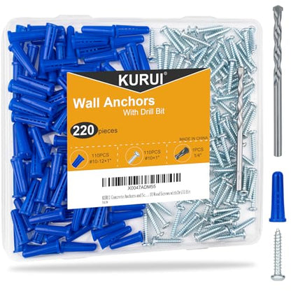 #10-12 Wall Anchors and Screws Kit, 220PCs Drywall Anchors for Drywall Brick Masonry Stucco Concrete, 110 Plastic Concrete Anchors and 110 Wood Screws, Drywall Anchors for Picture, Curtain Rod - style: 220 PCs