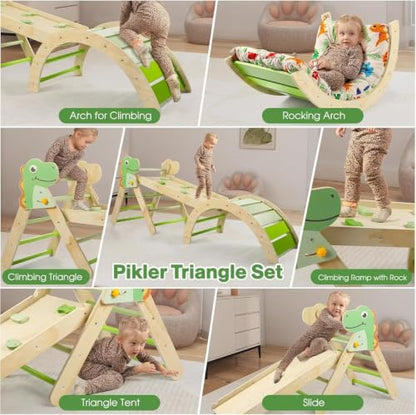 Pikler Triangle Set with Cushion, 7 in 1 Toddler Climbing Toys Indoor | Foldable Space-saving Design, Montessori-inspired Learning, Reversible Slide & Ramp, ASTM F963 Standards for Toddlers 18M-5Y - color: Dinosaur