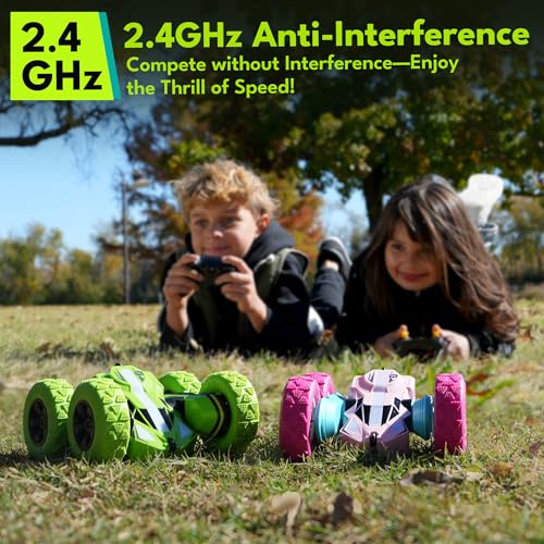 Threeking Remote Control Flip Stunt Car Double Sided Driving Crawler Toys | Quick-Swap Modular Battery Durable RC Cars with Auto Demo Breathing Soft Lights Gifts for Boys Girls Ages 6-12 - color: Green-up