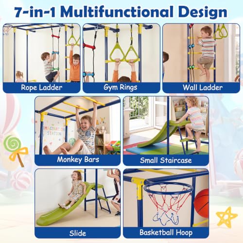 Costzon 7-in-1 Indoor Jungle Gym for Toddlers | Indoor Kids Gym for Exercise, Pull-up Bar, Rope, Gymnastic Rings, Solid Wall Set up, Climber Toys Boys Girls Gift - style: 7-in-1 Climbing Toys with Slide
