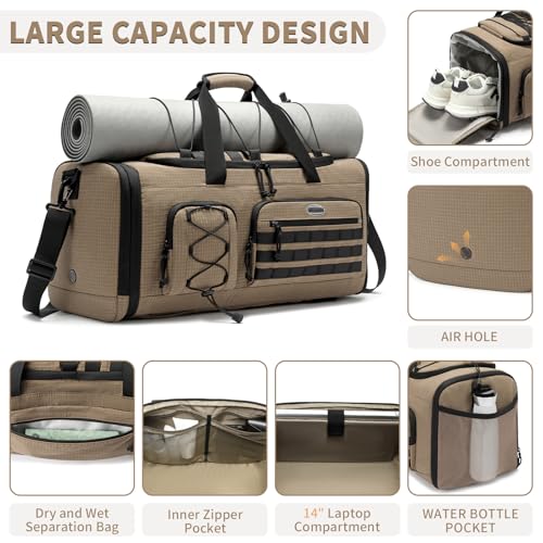 Bosstin Gym Bag for Men & Women,45L Travel Duffle Sports Duffel Bag Gym Weekender Overnight Backpack with Shoe Compartment (KHAKI CHECKERED) - color: KHAKI CHECKERED