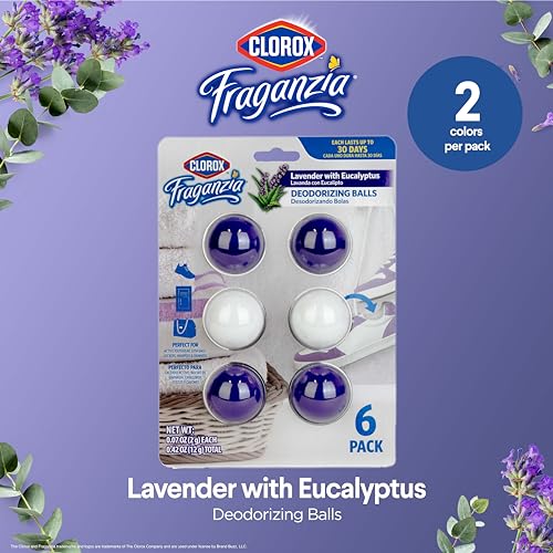 Clorox Fraganzia Deodorizing Balls with Lavender and Eucalyptus Scent, Shoe and Bag Odor Eliminator Balls for Shoes Lockers and Gym Bags with Long Lasting Freshness, 6 Count - 12 Pack - size: 6 Count (Pack of 12)
