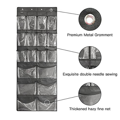 Extra Large Hanging Over Door Shoe Organizer, Closet Shoe Rack - 12+6 Crystal Pockets, 4 Hooks, Black (59"x 21.6") - color: B-black&Clear
