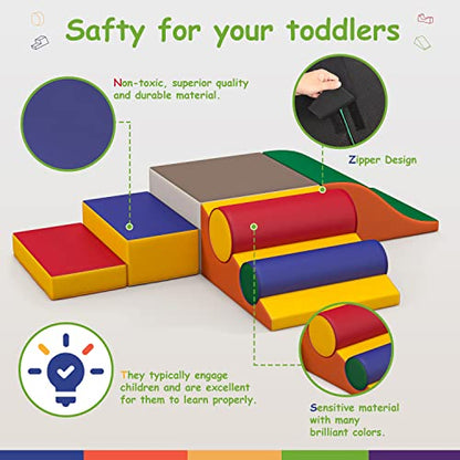 Betterhood Climbing Blocks for Toddlers 1-3, 7 Pcs Kids Soft Play Set, Toddler Soft Couch Climber Gymnastics Equipment for Crawling and Sliding at Home, Preschool - style: Coffee and Red