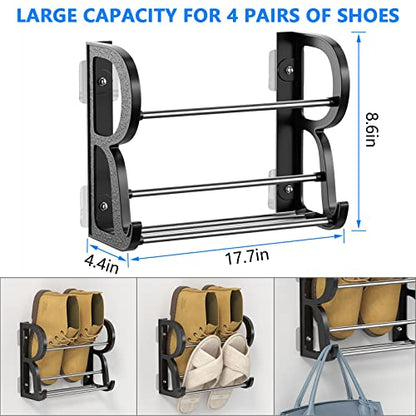 4 Pack Wall Mounted Shoes Rack Wall Shoe Holder Hanging Shoe Organizer Door Hanging Shoe Storage with Sticky Mounts for Camper RV with Hooks No Drilling Black - style: Modern