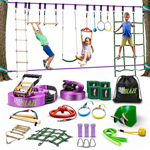 Trailblaze Ninja Warrior Obstacle Course for Kids - Ultimate Outdoor Fun 2x55 Ft Ninja Slackline Climbing Net Rope Ladder Trapeze Swing Monkey Bars - Durable and Safe Ninja Course for Kids Outside | 450lb Capacity Ultimate Outdoor Fun and Durable Ninja Co
