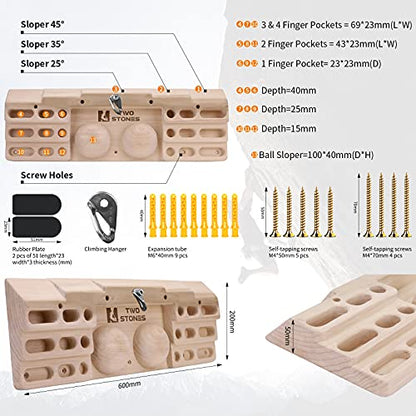 Two Stones Wooden Hangboard Rock Climbing Pull Up Bar Designed Training for Climbing, Wooden Fingerboard Climbing Training Board for Building Core Strength and Endurance (CJ-HB2003)