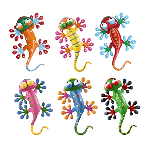 hogardeck Metal Gecko Outdoor Wall Decor, 6 Pack Lizard Wall Art Garden Sculptures & Statues with Free-Adjustable Head Outdoor Spring Decor for Front Yard Fence Patio - color: Rgb