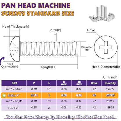 20Pcs 6-32x1 Phillips Pan Head Machine Screws Kit 304 SS for Outlet | Full Thread, Anti-Rust & Anti-Corrosion, For DIY & Cabinet Fix, Wall Switch Plates & Receptacle Mount, Storage Case Included - size: 6-32 x 1