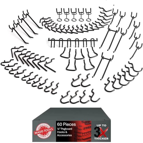Black Stainless Steel Pegboard Hooks, Heavy Duty ¼” Set, 60 Pieces | Peg Board Hooks, Hangers and Accessories for Hanging Tools and Organizing Garage, Workshop, Kitchen and Craft Room - size: 60 Pc Hooks