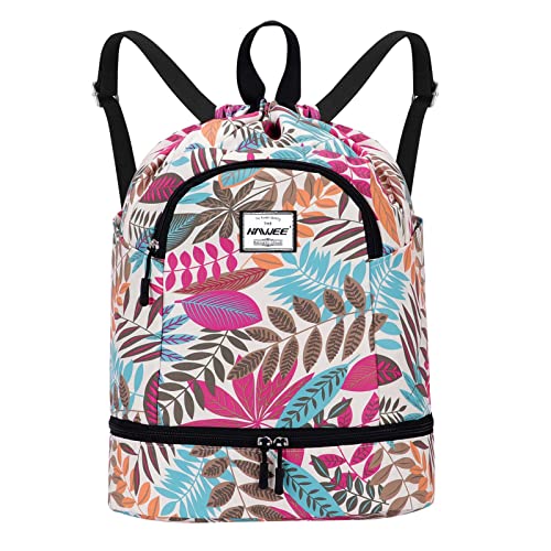 Dry Wet Drawstring Backpack with Shoe Compartment for Women Adjustable Gym Bag - color: Maple Magenta