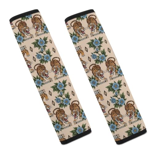 2 Piece Soft Padded Car Seat Belt Pad for Elderly Support, Stroller Pushchair High Chair, Fierce Blooms Tattoo Shoulder Harness Cover, Shock Absorption - color: Pattern 146