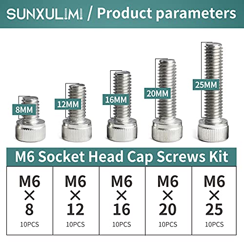 M6 x 8/12/ 16/20/ 25mm Socket Head Screws M6 Bolts 304 Stainless Steel Machine Metric Hex Socket Screw, 50PCS - size: M6 x 8/12/16/20/25mm