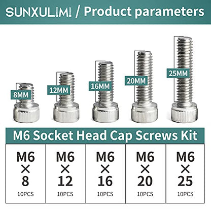 M6 x 8/12/ 16/20/ 25mm Socket Head Screws M6 Bolts 304 Stainless Steel Machine Metric Hex Socket Screw, 50PCS - size: M6 x 8/12/16/20/25mm