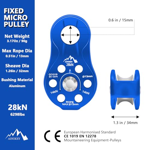 Fixed Plate Micro Pulley, 28KN CE Certified General Purpose Small Aluminum Rope Pulleys Slack Tender for Hauling/Rigging/Climbing/Aloft Work/Rappelling etc (One Unit (28KN Pulley Blue)) - color: One Unit (28KN Pulley Blue)