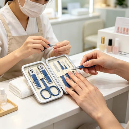 Luxury 7-in-1 Professional Manicure Set - Premium Stainless Steel Nail Clippers & Grooming Kit with Elegant Leather Travel Case - D.Blue - color: Dark Blue, size: 7PCS
