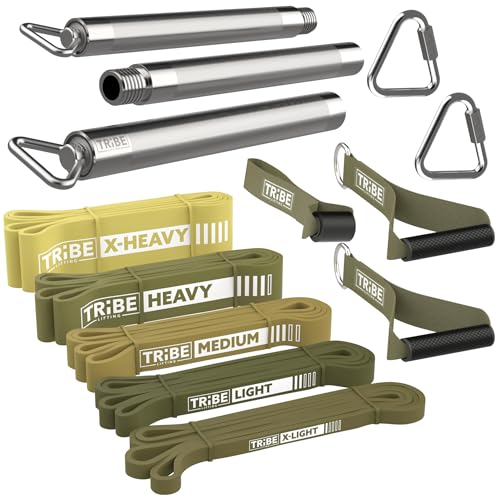 Tribe Lifting Resistance Bands for Working Out Men and Women - Set of 5 Pull Up Bands for Strength Training, Exercise Bands with Handles, Door Anchor and Bar Options for Home Gym - color: Green 3