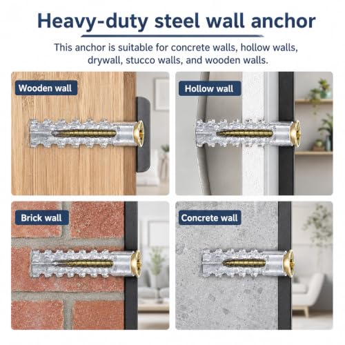 Wall Anchors and Screws Kit, Heavy Duty Concrete Hollow Wall Anchors with Screws, 50 Sets/100 Pieces Expansion Anchorses for Drywall Brick Wood Mounting, Door Hinge Hole Repair